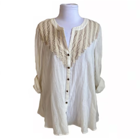 Free People Vanilla Ecru Gauze Lace Trim Tunic - Picture 2 of 4